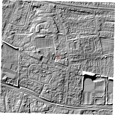 Shaded relief map of the ground around HU106PW, computed from Environment Agency LiDAR. The ground here sits at about 9 m above sea level and falls 10 m across the surrounding 800 m. Surface water reaching this point runs off ground lying to the west, 2.4 m higher.