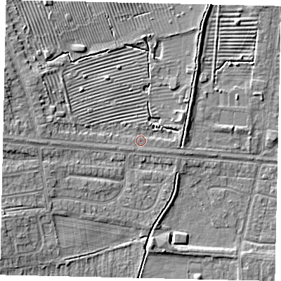 Shaded relief map of the ground around HU106PY, computed from Environment Agency LiDAR. The ground here sits at about 4 m above sea level and falls 7 m across the surrounding 800 m. Surface water reaching this point runs off ground lying to the east-north-east, 1.7 m higher.