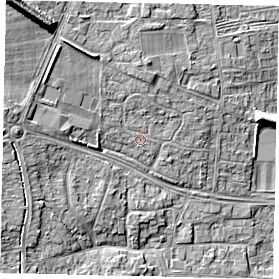 Shaded relief map of the ground around HU106QA, computed from Environment Agency LiDAR. The ground here sits at about 8 m above sea level and falls 17 m across the surrounding 800 m. Surface water reaching this point runs off ground lying to the north, 2.3 m higher.