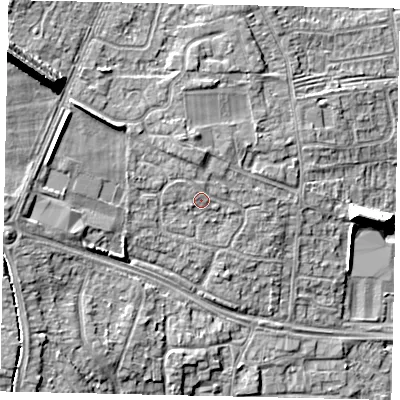 Shaded relief map of the ground around HU106QD, computed from Environment Agency LiDAR. The ground here sits at about 9 m above sea level and falls 17 m across the surrounding 800 m. Surface water reaching this point runs off ground lying to the north-west, 1.0 m higher.