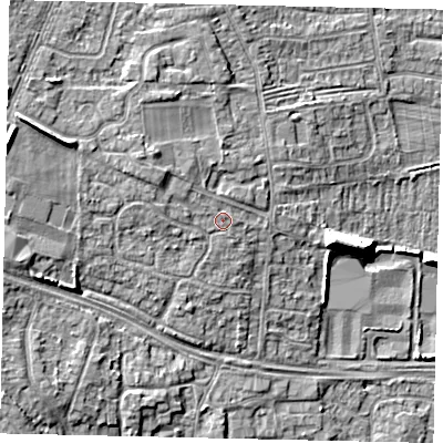 Shaded relief map of the ground around HU106QE, computed from Environment Agency LiDAR. The ground here sits at about 9 m above sea level and falls 10 m across the surrounding 800 m. Surface water reaching this point runs off ground lying to the west-north-west, 2.0 m higher.
