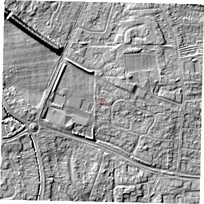 Shaded relief map of the ground around HU106QG, computed from Environment Agency LiDAR. The ground here sits at about 10 m above sea level and falls 17 m across the surrounding 800 m. Surface water reaching this point runs off ground lying to the north-west, 1.1 m higher.