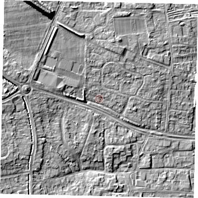 Shaded relief map of the ground around HU106QJ, computed from Environment Agency LiDAR. The ground here sits at about 8 m above sea level and falls 16 m across the surrounding 800 m. Surface water reaching this point runs off ground lying to the north-north-west, 5.6 m higher.