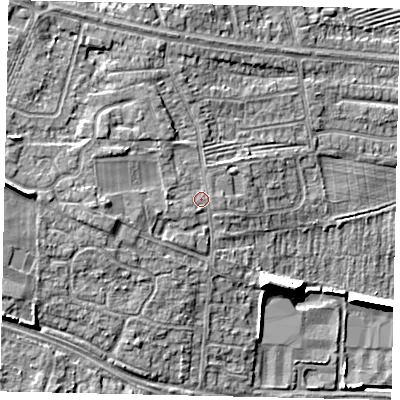 Shaded relief map of the ground around HU106QT, computed from Environment Agency LiDAR. The ground here sits at about 8 m above sea level and falls 11 m across the surrounding 800 m. Surface water reaching this point runs off ground lying to the west, 1.3 m higher.