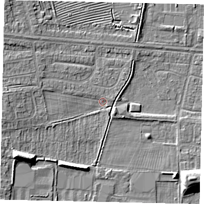 Shaded relief map of the ground around HU106RA, computed from Environment Agency LiDAR. The ground here sits at about 3 m above sea level and falls 12 m across the surrounding 800 m. Surface water reaching this point runs off ground lying to the south-west, 10.7 m higher.