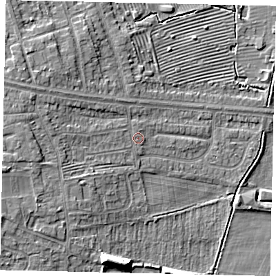 Shaded relief map of the ground around HU106RD, computed from Environment Agency LiDAR. The ground here sits at about 6 m above sea level and falls 12 m across the surrounding 800 m. Surface water reaching this point runs off ground lying to the west-south-west, 5.3 m higher.