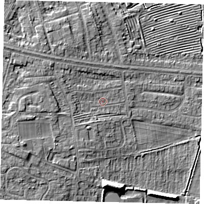 Shaded relief map of the ground around HU106RE, computed from Environment Agency LiDAR. The ground here sits at about 6 m above sea level and falls 11 m across the surrounding 800 m. Surface water reaching this point runs off ground lying to the west-south-west, 4.7 m higher.