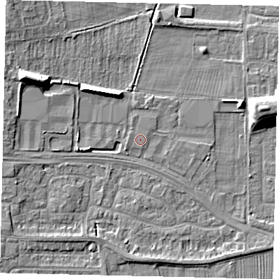 Shaded relief map of the ground around HU106RJ, computed from Environment Agency LiDAR. The ground here sits at about 4 m above sea level and falls 12 m across the surrounding 800 m. The ground contributing surface water to this point lies to the west.