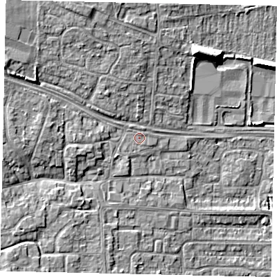 Shaded relief map of the ground around HU106RX, computed from Environment Agency LiDAR. The ground here sits at about 6 m above sea level and falls 11 m across the surrounding 800 m. Surface water reaching this point runs off ground lying to the west, 3.8 m higher.