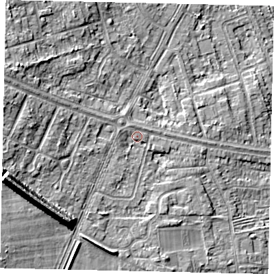 Shaded relief map of the ground around HU106RZ, computed from Environment Agency LiDAR. The ground here sits at about 10 m above sea level and falls 16 m across the surrounding 800 m. Surface water reaching this point runs off ground lying to the north-west, 0.9 m higher.
