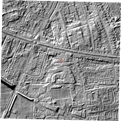 Shaded relief map of the ground around HU106SA, computed from Environment Agency LiDAR. The ground here sits at about 9 m above sea level and falls 16 m across the surrounding 800 m. Surface water reaching this point runs off ground lying to the west-south-west, 12.0 m higher.