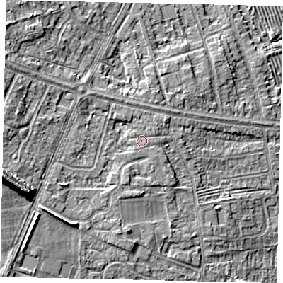 Shaded relief map of the ground around HU106SB, computed from Environment Agency LiDAR. The ground here sits at about 9 m above sea level and falls 16 m across the surrounding 800 m. Surface water reaching this point runs off ground lying to the west-south-west, 12.0 m higher.