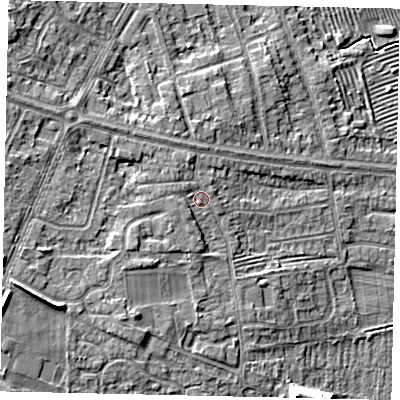Shaded relief map of the ground around HU106SD, computed from Environment Agency LiDAR. The ground here sits at about 9 m above sea level and falls 10 m across the surrounding 800 m. Surface water reaching this point runs off ground lying to the west-south-west, 5.1 m higher.