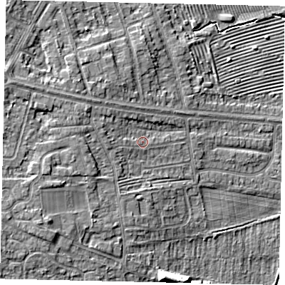 Shaded relief map of the ground around HU106SE, computed from Environment Agency LiDAR. The ground here sits at about 7 m above sea level and falls 11 m across the surrounding 800 m. Surface water reaching this point runs off ground lying to the south-west, 4.1 m higher.