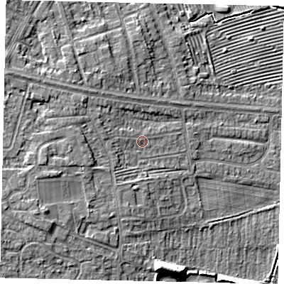 Shaded relief map of the ground around HU106SF, computed from Environment Agency LiDAR. The ground here sits at about 7 m above sea level and falls 11 m across the surrounding 800 m. Surface water reaching this point runs off ground lying to the west-south-west, 3.8 m higher.
