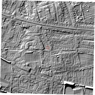 Shaded relief map of the ground around HU106SG, computed from Environment Agency LiDAR. The ground here sits at about 8 m above sea level and falls 10 m across the surrounding 800 m. Surface water reaching this point runs off ground lying to the west, 1.6 m higher.