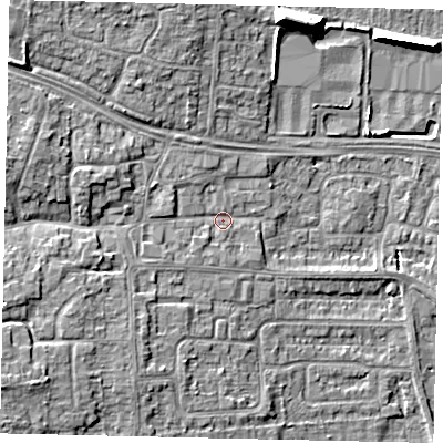 Shaded relief map of the ground around HU106SH, computed from Environment Agency LiDAR. The ground here sits at about 5 m above sea level and falls 11 m across the surrounding 800 m. Surface water reaching this point runs off ground lying to the south-west, 5.6 m higher.