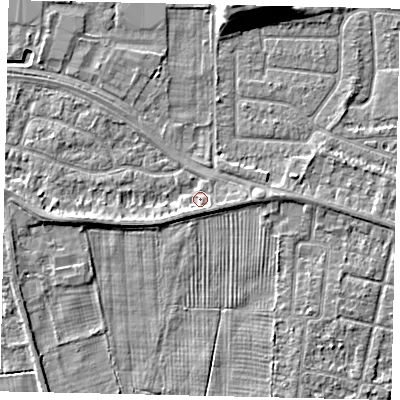 Shaded relief map of the ground around HU106SJ, computed from Environment Agency LiDAR. The ground here sits at about 4 m above sea level and falls 8 m across the surrounding 800 m. Surface water reaching this point runs off ground lying to the south-west, 1.7 m higher.