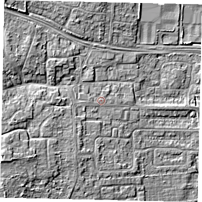 Shaded relief map of the ground around HU106SP, computed from Environment Agency LiDAR. The ground here sits at about 6 m above sea level and falls 9 m across the surrounding 800 m. The ground contributing surface water to this point lies to the west-south-west.