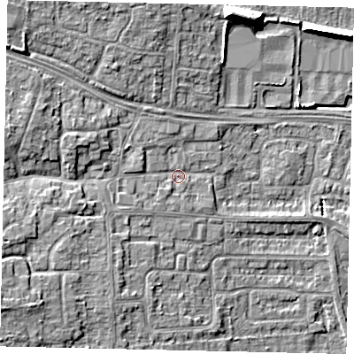 Shaded relief map of the ground around HU106SQ, computed from Environment Agency LiDAR. The ground here sits at about 5 m above sea level and falls 11 m across the surrounding 800 m. Surface water reaching this point runs off ground lying to the south-west, 6.1 m higher.