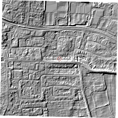 Shaded relief map of the ground around HU106SR, computed from Environment Agency LiDAR. The ground here sits at about 4 m above sea level and falls 6 m across the surrounding 800 m. Surface water reaching this point runs off ground lying to the west-south-west, 4.6 m higher.