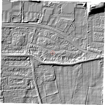 Shaded relief map of the ground around HU106SU, computed from Environment Agency LiDAR. The ground here sits at about 4 m above sea level and falls 8 m across the surrounding 800 m. Surface water reaching this point runs off ground lying to the south-south-west, 2.0 m higher.