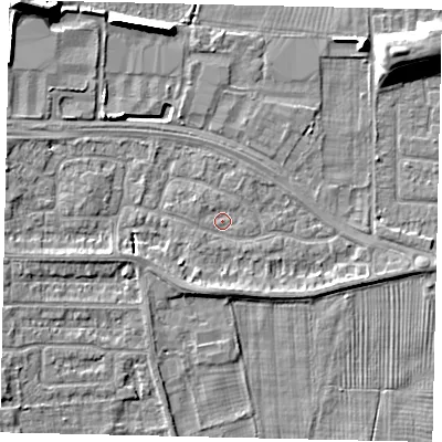 Shaded relief map of the ground around HU106SX, computed from Environment Agency LiDAR. The ground here sits at about 4 m above sea level and falls 11 m across the surrounding 800 m. Surface water reaching this point runs off ground lying to the south-west, 1.0 m higher.