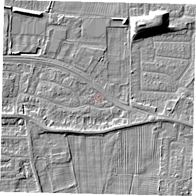 Shaded relief map of the ground around HU106SY, computed from Environment Agency LiDAR. The ground here sits at about 3 m above sea level and falls 8 m across the surrounding 800 m. Surface water reaching this point runs off ground lying to the south-west, 2.5 m higher.