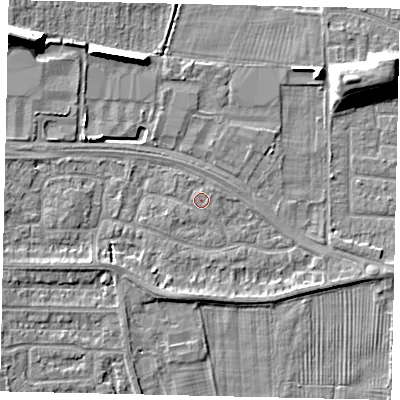 Shaded relief map of the ground around HU106TA, computed from Environment Agency LiDAR. The ground here sits at about 4 m above sea level and falls 11 m across the surrounding 800 m. Surface water reaching this point runs off ground lying to the west-north-west, 0.5 m higher.