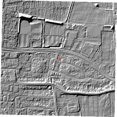 Shaded relief map of the ground around HU106TB, computed from Environment Agency LiDAR. The ground here sits at about 3 m above sea level and falls 11 m across the surrounding 800 m. Surface water reaching this point runs off ground lying to the west, 3.9 m higher.