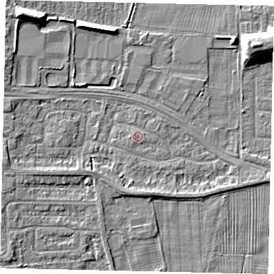 Shaded relief map of the ground around HU106TD, computed from Environment Agency LiDAR. The ground here sits at about 4 m above sea level and falls 11 m across the surrounding 800 m. Surface water reaching this point runs off ground lying to the west, 0.7 m higher.