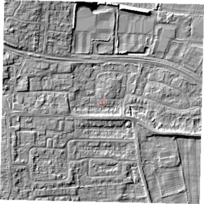 Shaded relief map of the ground around HU106TE, computed from Environment Agency LiDAR. The ground here sits at about 4 m above sea level and falls 11 m across the surrounding 800 m. Surface water reaching this point runs off ground lying to the west-south-west, 4.7 m higher.