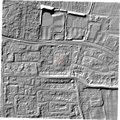 Shaded relief map of the ground around HU106TG, computed from Environment Agency LiDAR. The ground here sits at about 5 m above sea level and falls 11 m across the surrounding 800 m. Surface water reaching this point runs off ground lying to the east-north-east, 0.6 m higher.