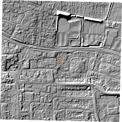 Shaded relief map of the ground around HU106TH, computed from Environment Agency LiDAR. The ground here sits at about 5 m above sea level and falls 11 m across the surrounding 800 m. Surface water reaching this point runs off ground lying to the west, 4.7 m higher.