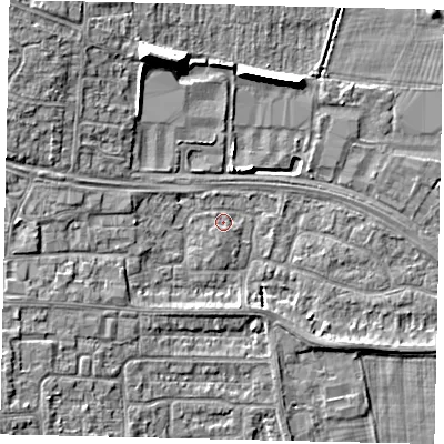 Shaded relief map of the ground around HU106TJ, computed from Environment Agency LiDAR. The ground here sits at about 4 m above sea level and falls 11 m across the surrounding 800 m. Surface water reaching this point runs off ground lying to the west, 3.4 m higher.