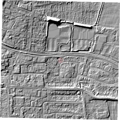 Shaded relief map of the ground around HU106TL, computed from Environment Agency LiDAR. The ground here sits at about 4 m above sea level and falls 11 m across the surrounding 800 m. Surface water reaching this point runs off ground lying to the west, 4.6 m higher.
