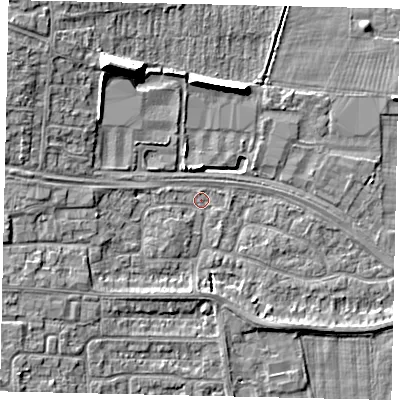 Shaded relief map of the ground around HU106TN, computed from Environment Agency LiDAR. The ground here sits at about 4 m above sea level and falls 11 m across the surrounding 800 m. Surface water reaching this point runs off ground lying to the west, 4.5 m higher.