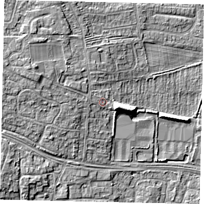 Shaded relief map of the ground around HU106TP, computed from Environment Agency LiDAR. The ground here sits at about 7 m above sea level and falls 11 m across the surrounding 800 m. Surface water reaching this point runs off ground lying to the west-north-west, 3.8 m higher.