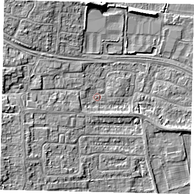Shaded relief map of the ground around HU106TQ, computed from Environment Agency LiDAR. The ground here sits at about 4 m above sea level and falls 11 m across the surrounding 800 m. Surface water reaching this point runs off ground lying to the west-south-west, 4.7 m higher.