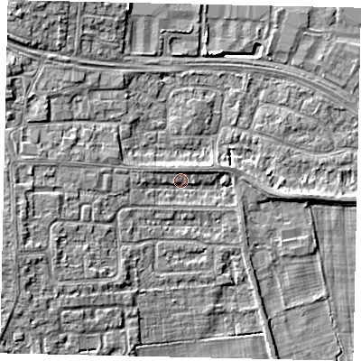 Shaded relief map of the ground around HU106UB, computed from Environment Agency LiDAR. The ground here sits at about 4 m above sea level and falls 6 m across the surrounding 800 m. Surface water reaching this point runs off ground lying to the west-south-west, 5.0 m higher.