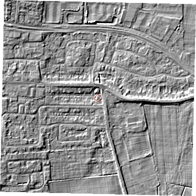Shaded relief map of the ground around HU106UD, computed from Environment Agency LiDAR. The ground here sits at about 4 m above sea level and falls 6 m across the surrounding 800 m. Surface water reaching this point runs off ground lying to the west, 3.7 m higher.