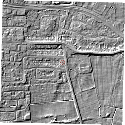 Shaded relief map of the ground around HU106UF, computed from Environment Agency LiDAR. The ground here sits at about 4 m above sea level and falls 6 m across the surrounding 800 m. Surface water reaching this point runs off ground lying to the west, 3.7 m higher.