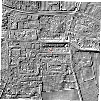 Shaded relief map of the ground around HU106UG, computed from Environment Agency LiDAR. The ground here sits at about 4 m above sea level and falls 6 m across the surrounding 800 m. Surface water reaching this point runs off ground lying to the west, 1.8 m higher.