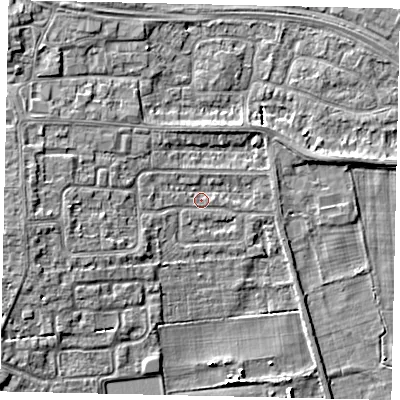 Shaded relief map of the ground around HU106UP, computed from Environment Agency LiDAR. The ground here sits at about 4 m above sea level and falls 6 m across the surrounding 800 m. Surface water reaching this point runs off ground lying to the west, 4.6 m higher.