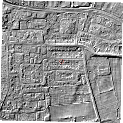 Shaded relief map of the ground around HU106UQ, computed from Environment Agency LiDAR. The ground here sits at about 4 m above sea level and falls 6 m across the surrounding 800 m. Surface water reaching this point runs off ground lying to the west, 1.8 m higher.