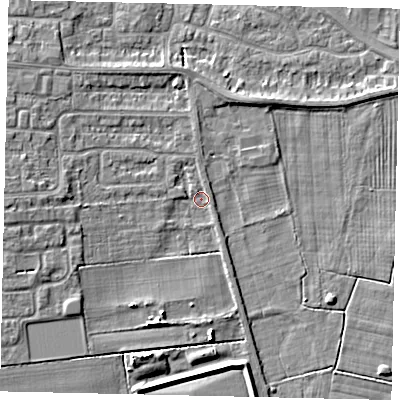 Shaded relief map of the ground around HU106UT, computed from Environment Agency LiDAR. The ground here sits at about 3 m above sea level and falls 5 m across the surrounding 800 m. Surface water reaching this point runs off ground lying to the west, 4.4 m higher.