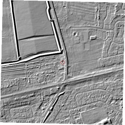 Shaded relief map of the ground around HU106UX, computed from Environment Agency LiDAR. The ground here sits at about 3 m above sea level and falls 4 m across the surrounding 800 m. Surface water reaching this point runs off ground lying to the west-south-west, 3.2 m higher.