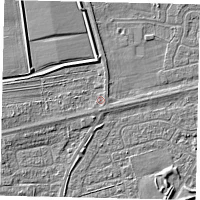Shaded relief map of the ground around HU106UY, computed from Environment Agency LiDAR. The ground here sits at about 3 m above sea level and falls 4 m across the surrounding 800 m. Surface water reaching this point runs off ground lying to the west, 3.2 m higher.