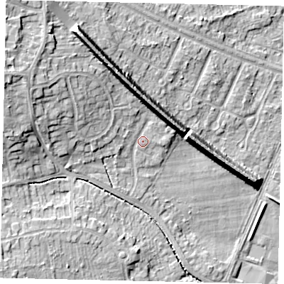 Shaded relief map of the ground around HU107AF, computed from Environment Agency LiDAR. The ground here sits at about 16 m above sea level and falls 17 m across the surrounding 800 m. Surface water reaching this point runs off ground lying to the west-north-west, 9.6 m higher.
