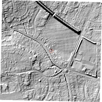 Shaded relief map of the ground around HU107AG, computed from Environment Agency LiDAR. The ground here sits at about 14 m above sea level and falls 16 m across the surrounding 800 m. Surface water reaching this point runs off ground lying to the north-west, 9.5 m higher.